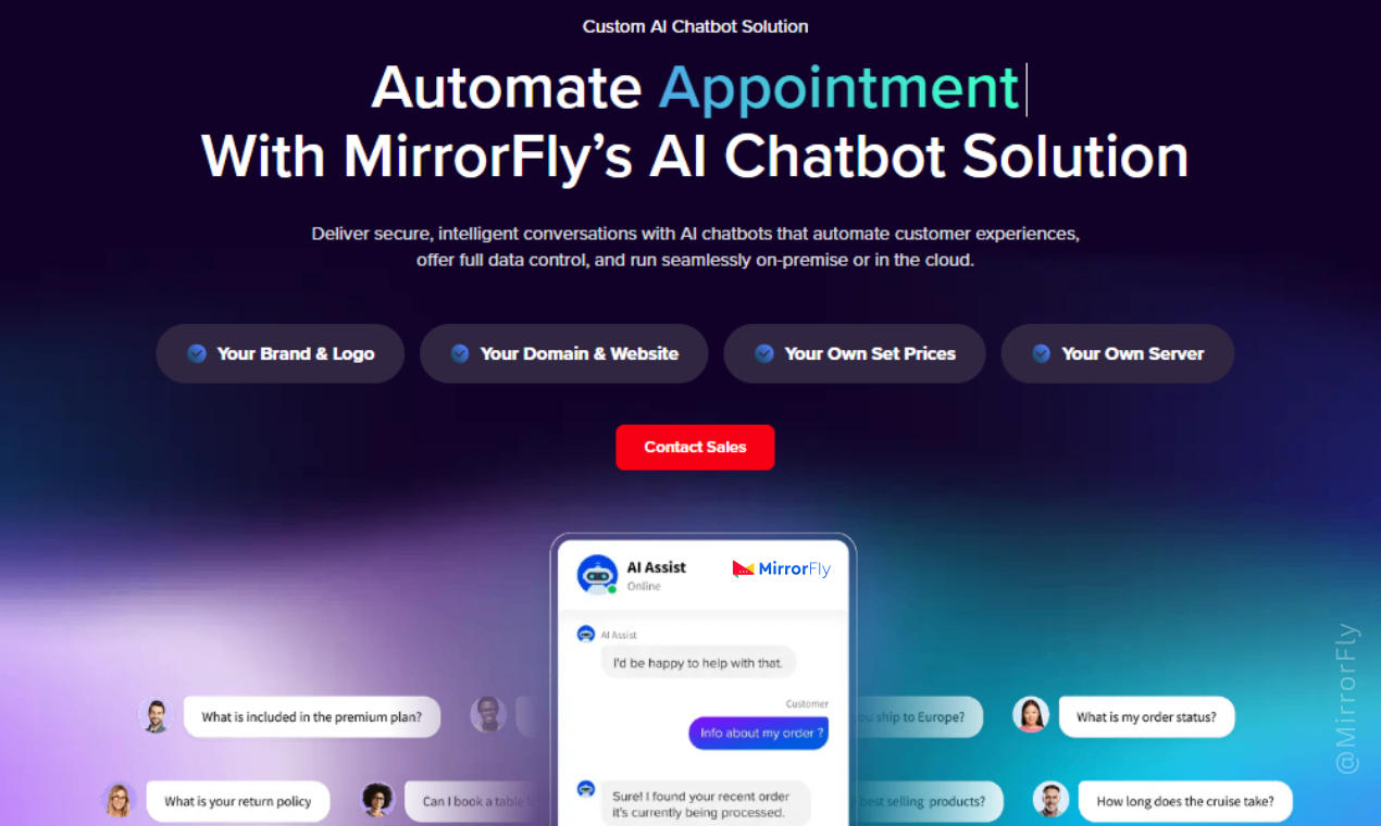 MirrorFly AI Chatbot Solution screenshot and logo